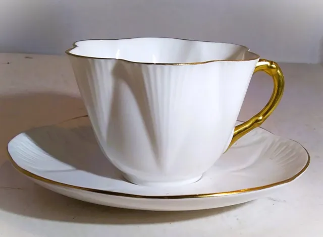 Vintage Shelley Fine Bone China Teacup & Saucer, Regency White w Gold Trim
