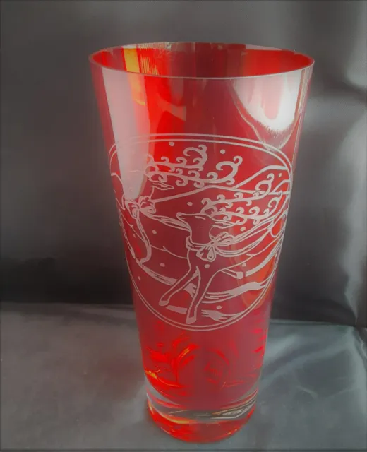 MIKASA Ruby Red Glass Vase Etched Christmas Reindeer Scene 8”