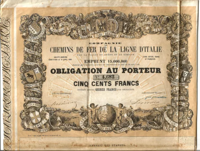 Action 500 Francs 1866.Chemins de fer de la Ligne d'Italie.Rare et bel état.