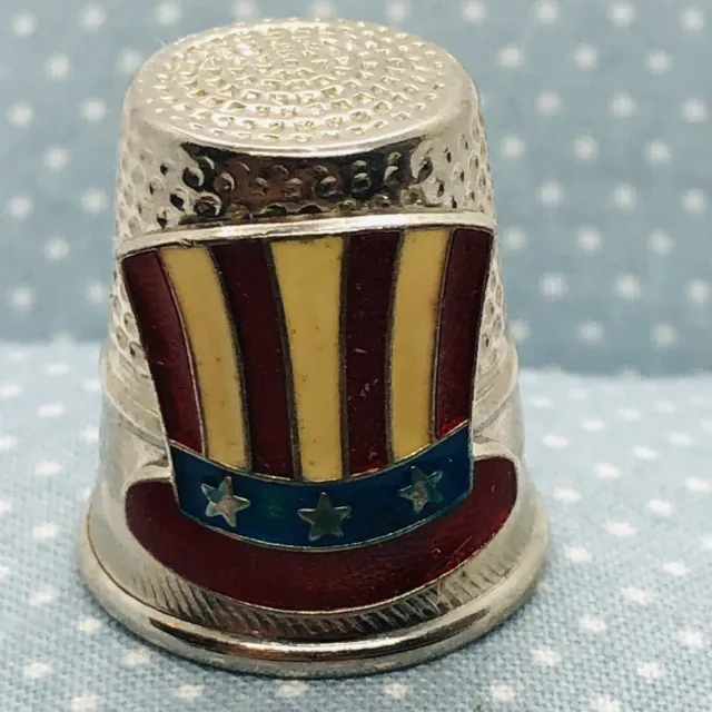 Vtg Uncle Sam Silver Tone Metal Thimble w/ Enamel American Flag Top Hat