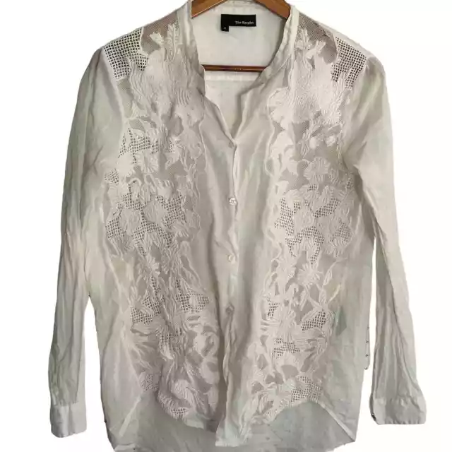 The Kooples Lace Button Front Blouse M White Top Shirt Floral Embroidered