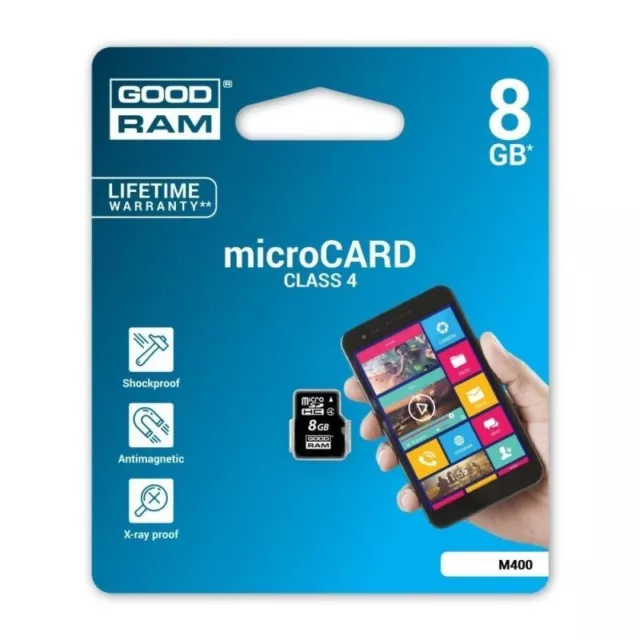 GoodRam microSDHC Speicherkarte 8GB micro SD HC 8 GB Class 4 Lesen 15MB/s