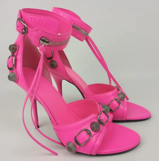 Balenciaga Women's Fluo Pink Cagole Leather Studded Sandals Size 38.5
