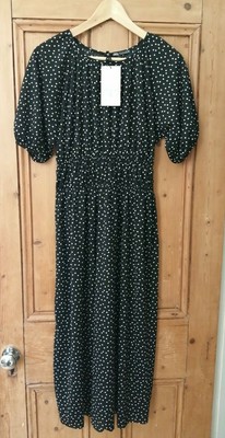 ZARA Long Polka Dot Print Shirred Waist Flowing Dress Black White S M BNWT