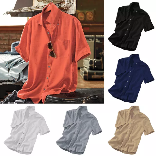 Mens Casual Button Down Shirts Short Sleeve Beach Linen Cotton Summer Shirt US