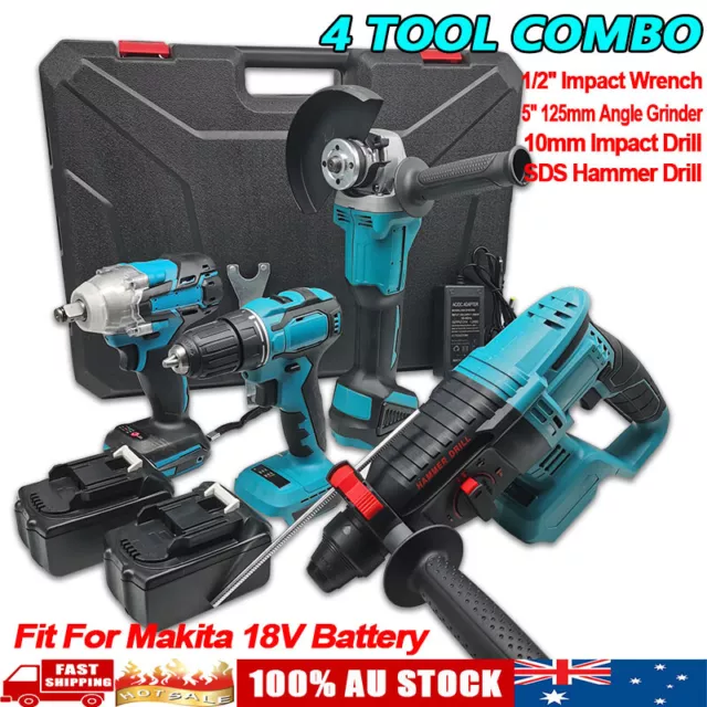 4 Piece 18V Cordless Brushless Combo Tool Kit Drill Angle Grinder Wrench Hammer