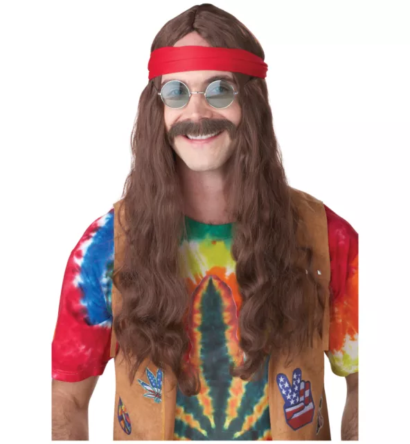 Hippie Man Brown Groovy 70s Men Costume Wig & Moustache