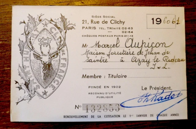 SAINT HUBERT CLUB DE FRANCE 1960 / 1961 Carte de membre titulaire Indre & Loire EUR 5,00 - FR