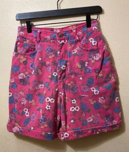 Vintage Gitano Women's Pink Rose Pattern High Rise Denim Shorts Size 10