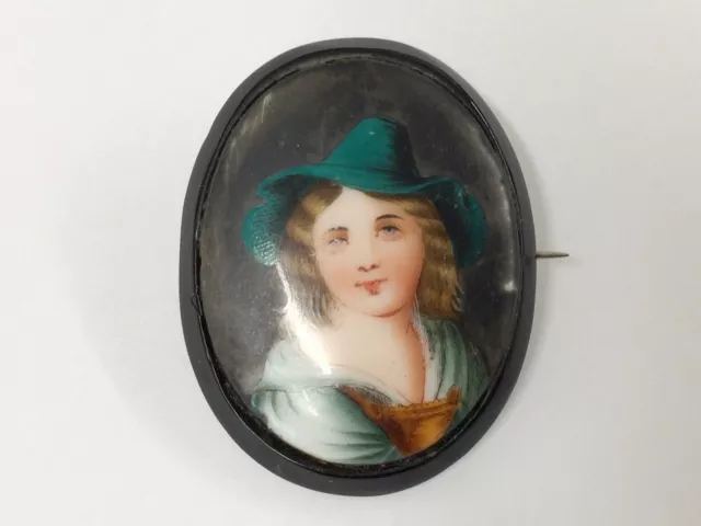 Antique Whitby Jet & Hand Painted Portrait Mourning Brooch Pin