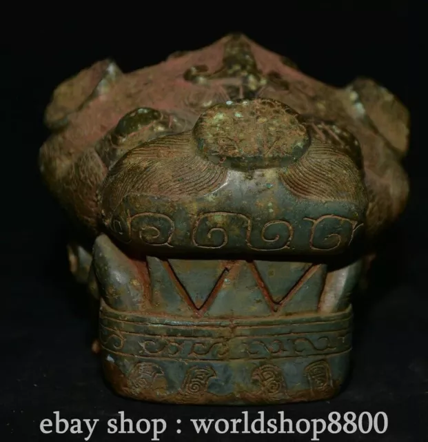 3.6" Old Chinese Bronze ware Shang Dynasty Dragon Beast Head Statue Sculpture