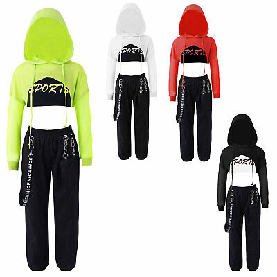 Kids Girls Net Hoodie Crop Top+Vest+Trousers Sets Hip Hop Performance Outfits