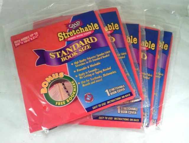 NEW Crazy Covers Stretchable Book Covers. standard size. Red w/bookmark Set of 5