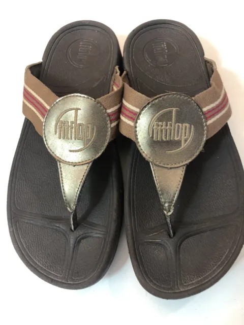 Women's FitFlop Brown Stripe Thong Webbing Leather Sandal US Size 5/EU 36