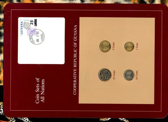Coin Sets of All Nations Guyana w/card UNC 25, 10, 5 cents 1985 1 cent 1982