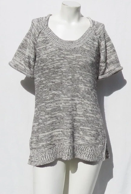 CAbi #973 Chiné Blanc Noir Coton Doux Roulé S/S Long Tunique Pull TAILLE S