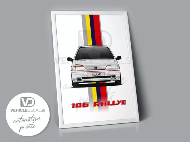Peugeot 106 S1 Rallye Weiss Sonderausgabe Auto Poster Zeichnung Automobildruck