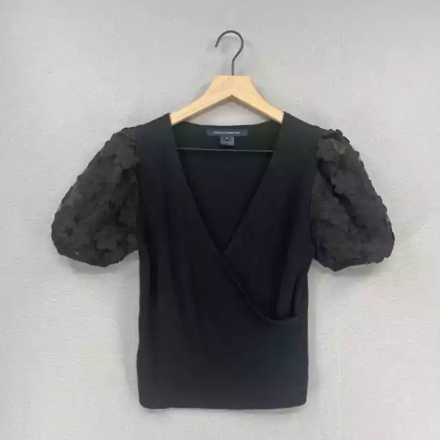 French Connection Shirt Womens Small Black Short Lace Sleeve Crossover