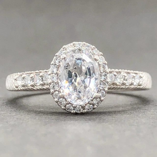 Estate Judith Ripka SS Diamonique Classic Oval CZ Halo Ring