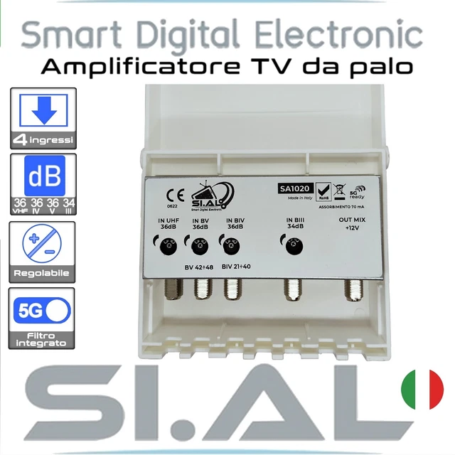 Amplificatore/Accoppiatore TV 2 Ingressi - Nero, Con Filtro 4G LTE