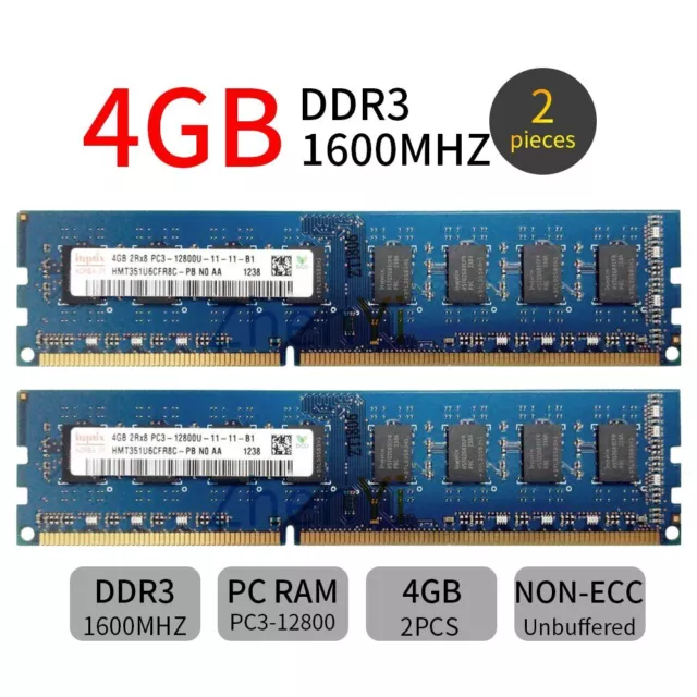Hynix 8Go Kit 2x 4Go PC3-12800U DDR3 1600MHz 240Pin DIMM Desktop Mémoire RAM FR