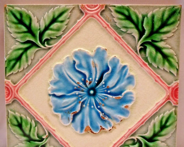 Tile Japan Saji Vintage Majolica Ceramic Porcelain Art Nouveau Flower Leaf # 210 3