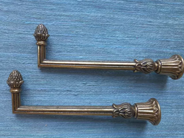 Pair Antique French Brass Curtain Tie Back Hooks. Acanthus finials 14.5cms long.