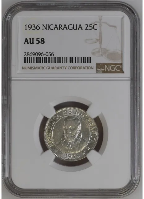 1936 (P) Nicaragua Silver 25 Centavos NGC AU 58