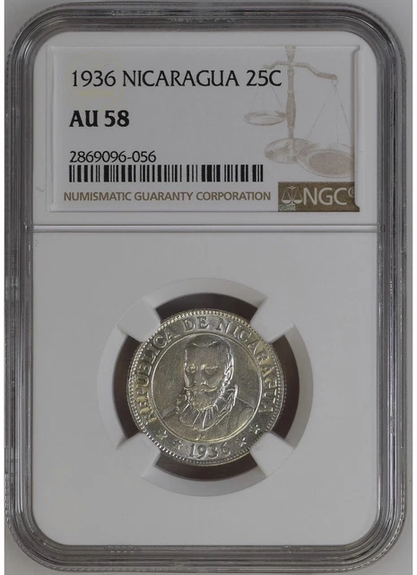 1936 (P) Nicaragua Silver 25 Centavos NGC AU 58