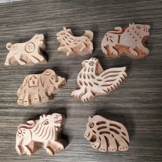 Lot of 7 Carved Animal Wooden Block Figures Wolf Boar Bird Elephant Detailed