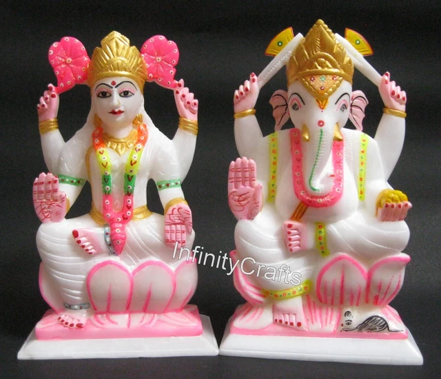 22.9cm Marbre Blanc Dieu Ganesha Déesse Laxmi Ji Statue Fait à la Main