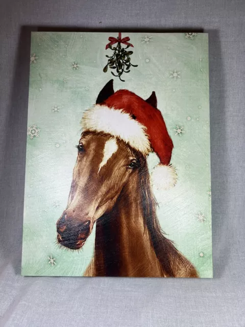 Horse with Santa Hat and Mistletoe Canvas Wall Art Print, Horse Home Decor