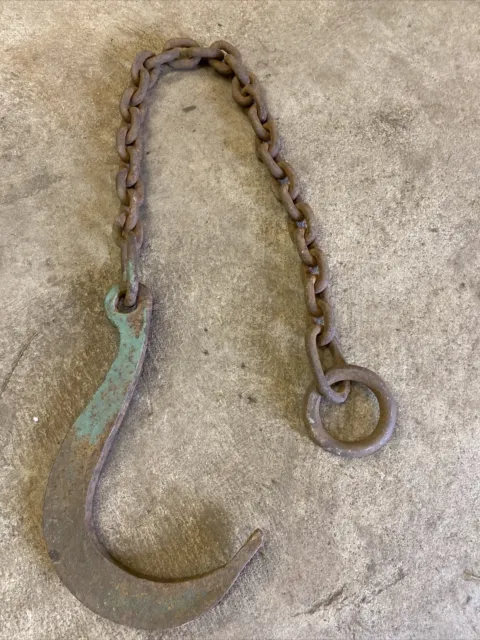 Antique Barn Industrial Steel Iron Chain with Giant Hook Steampunk Logging 5’ Ft
