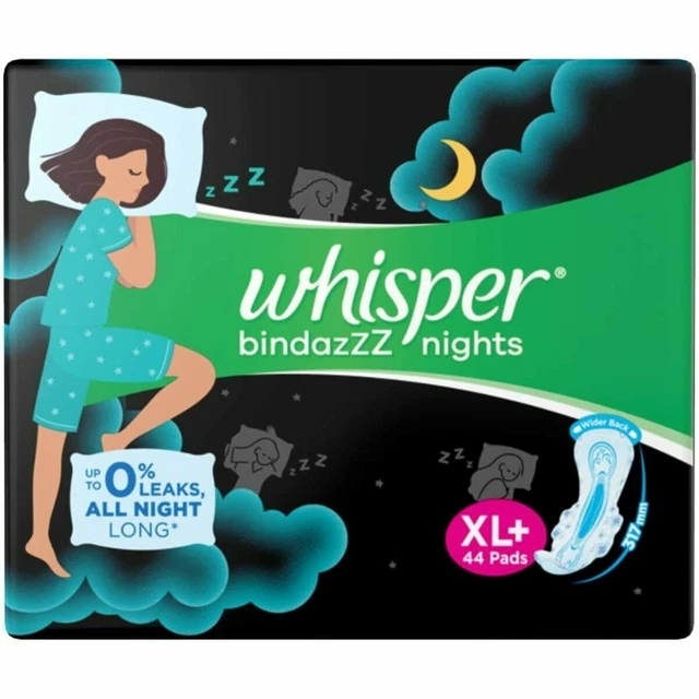 Whisper Bindazzz Nights Damenbinden XL+ 44 Servietten KOSTENLOSER VERSAND