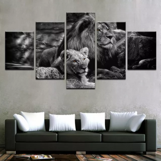 Black White Lion Couple Animals Lions Canvas Print Painting Wall Art Home Decor