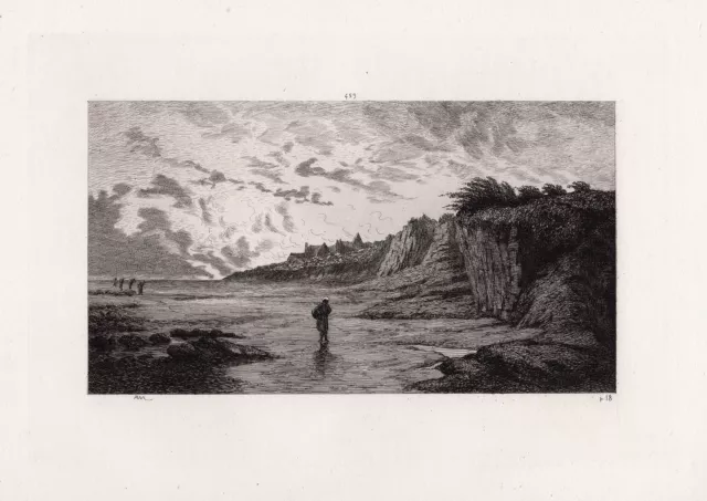 Great Antoine CHINTREUIL SIGNED 1800s Etching "Morning Walk Low Tide" Framed COA