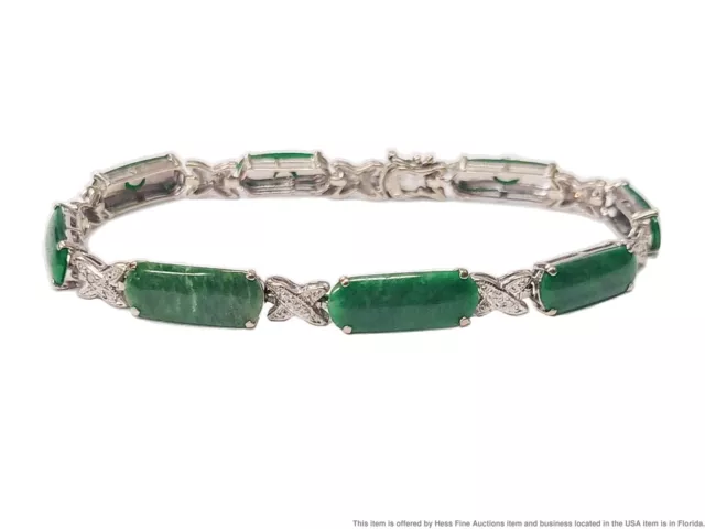 1950s Natural Jadeite Jade 14k White Gold Diamond X Motif Station Bracelet