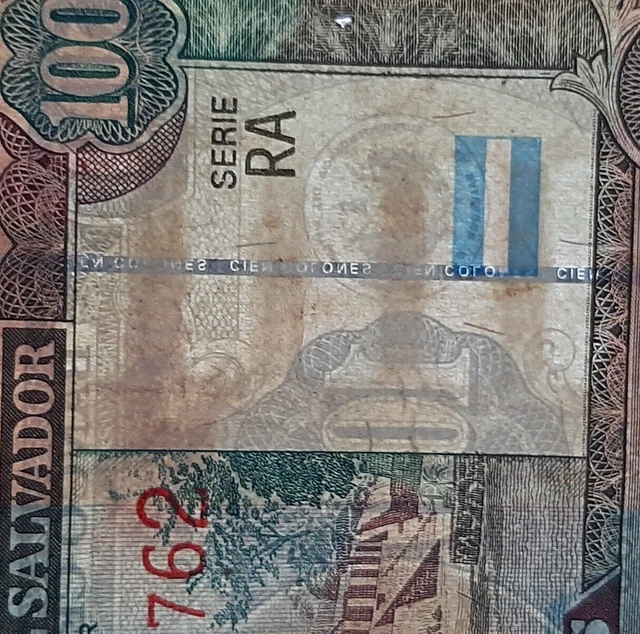 El Salvador 100 Colones Serie Ra With Error Security Belt (N-L-S Upside Down)