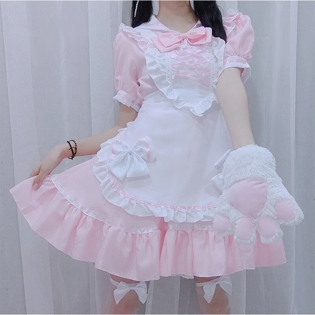 Anime Cosplay Fancy Dress French Maid Costume Cute Pink Lolita Cosplay Womens