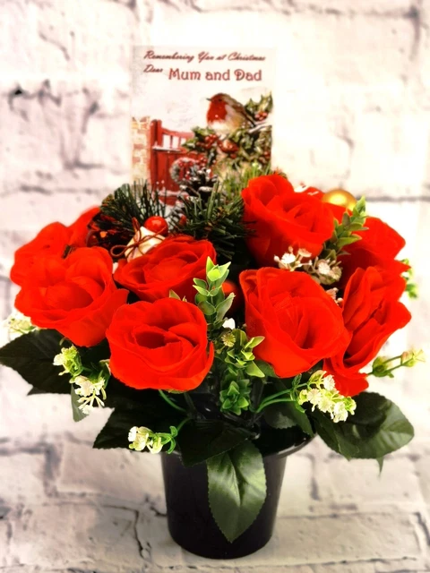 Xmas Grave Pot Artificial Flowers WITH REMEMBRANCE CARD included for MUM & DAD
