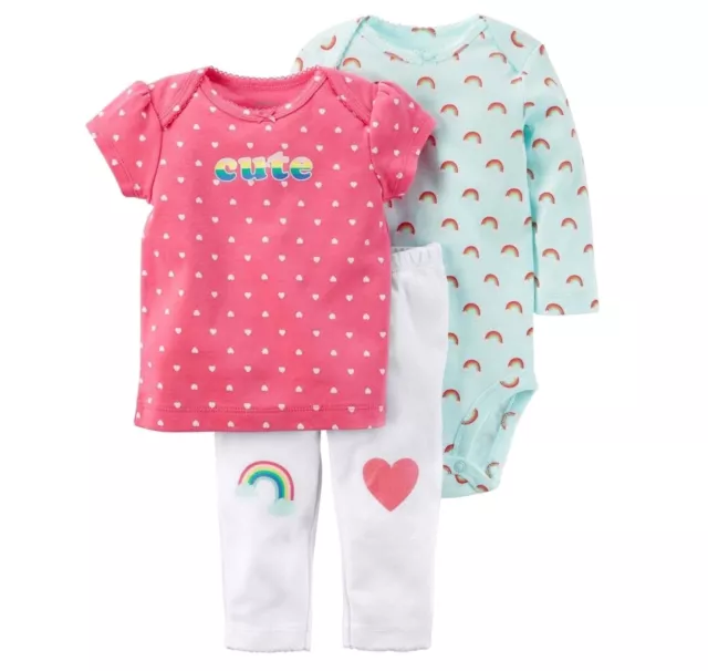 Carter's Newborn Baby Girl 3Pc Cute Hearts Rainbows Top Bodysuit & Pant Set