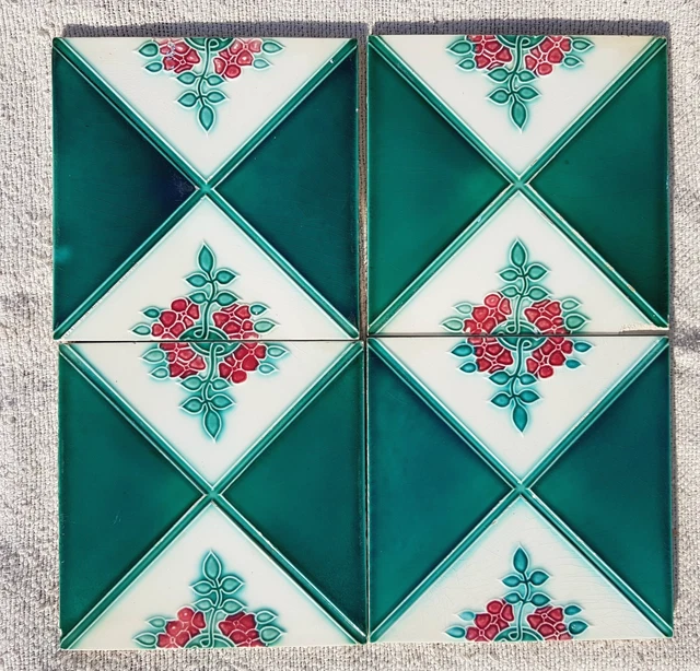 Vintage Floral Design 4Pcs Majolica Art Nouveau Architecture Tile Japan CT72