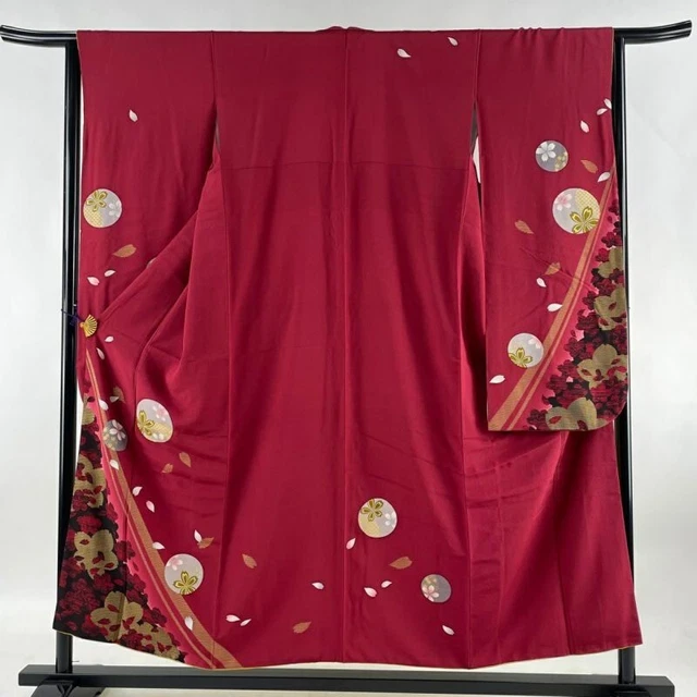 Japanese Kimono Furisode Pure Silk Cherry Blossom Gold Thread Gold Paint Red
