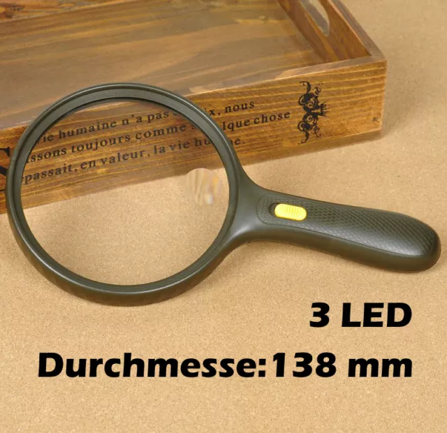 große Leselupe Vergrößerungsglas Lesehilfe Lupe 138mm 3 LED Handlupe NEU