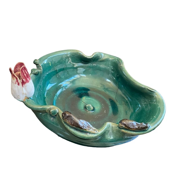 vtg Mann Art Pottery bowl Decorative Glazed Lotus Tray Green Flower