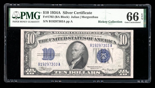DBR 1934-A $10 Silver Gem Fr. 1702 PMG 66 EPQ Serial B19297303A
