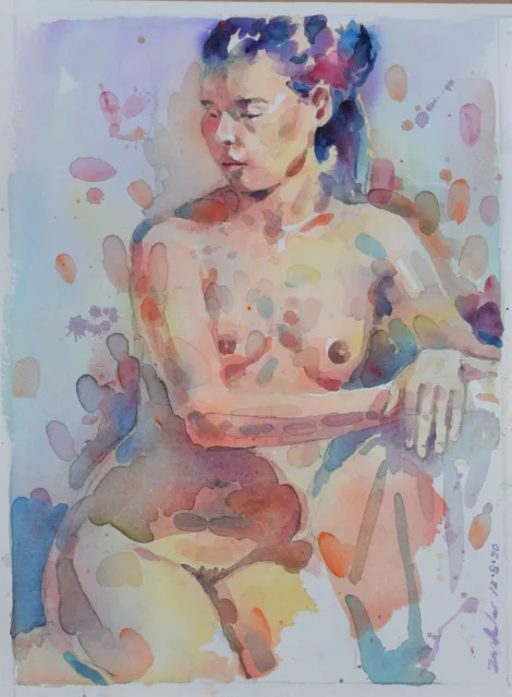 FEMALE SEATED  Nude  ORIGINAL  Watercolor Impressionist realism modern 9x12