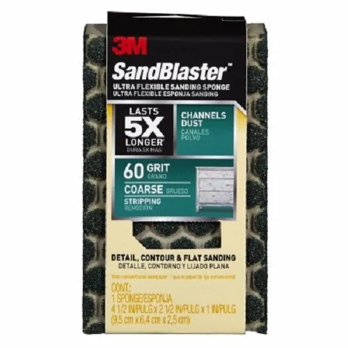 Sandblaster 3M, 60 granos gruesos, 4,5"" x 2,5"" x 1", esponja de lijado ultra flexible