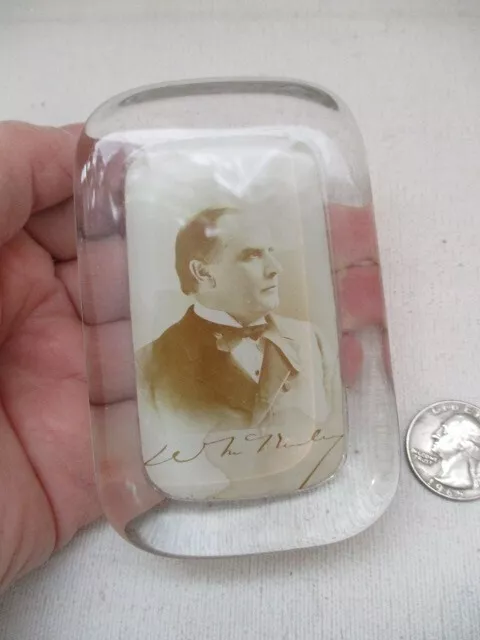 Antique President William McKinley Photo with Signature Glass Paperweight