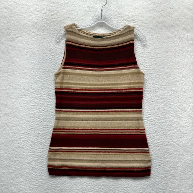 LRL Ralph Lauren Tunic Tank Top L Large Linen Cotton Blend Red Tan Stripe Knit